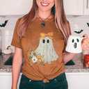 Halloween Shirts for Women Halloween Ghost T-Shirt Bow Ghost Graphic Tees Casual Spooky Season Tee Tops, Medium