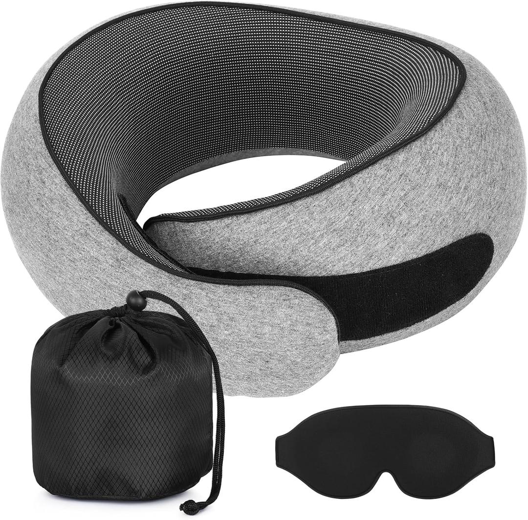 Travel Pillows for Airplanes, Memory Foam Travel Neck Pillow Airplane with Eye Mask, Compact and Ergonomic Design Neck Pillow for Travel, Car Rides, Offices, and Home Use (Gray)
