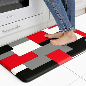Black Red Grey White Kitchen Rug Anti-Fatigue Kitchen Mat for Floor Abstract Art Geometric Waterproof Non-Slip Kitchen Mat and Rug PVC Kitchen Floor Rug Mat for Home Sink Laundry (29"L x 17.3"W x 0.5"Th)