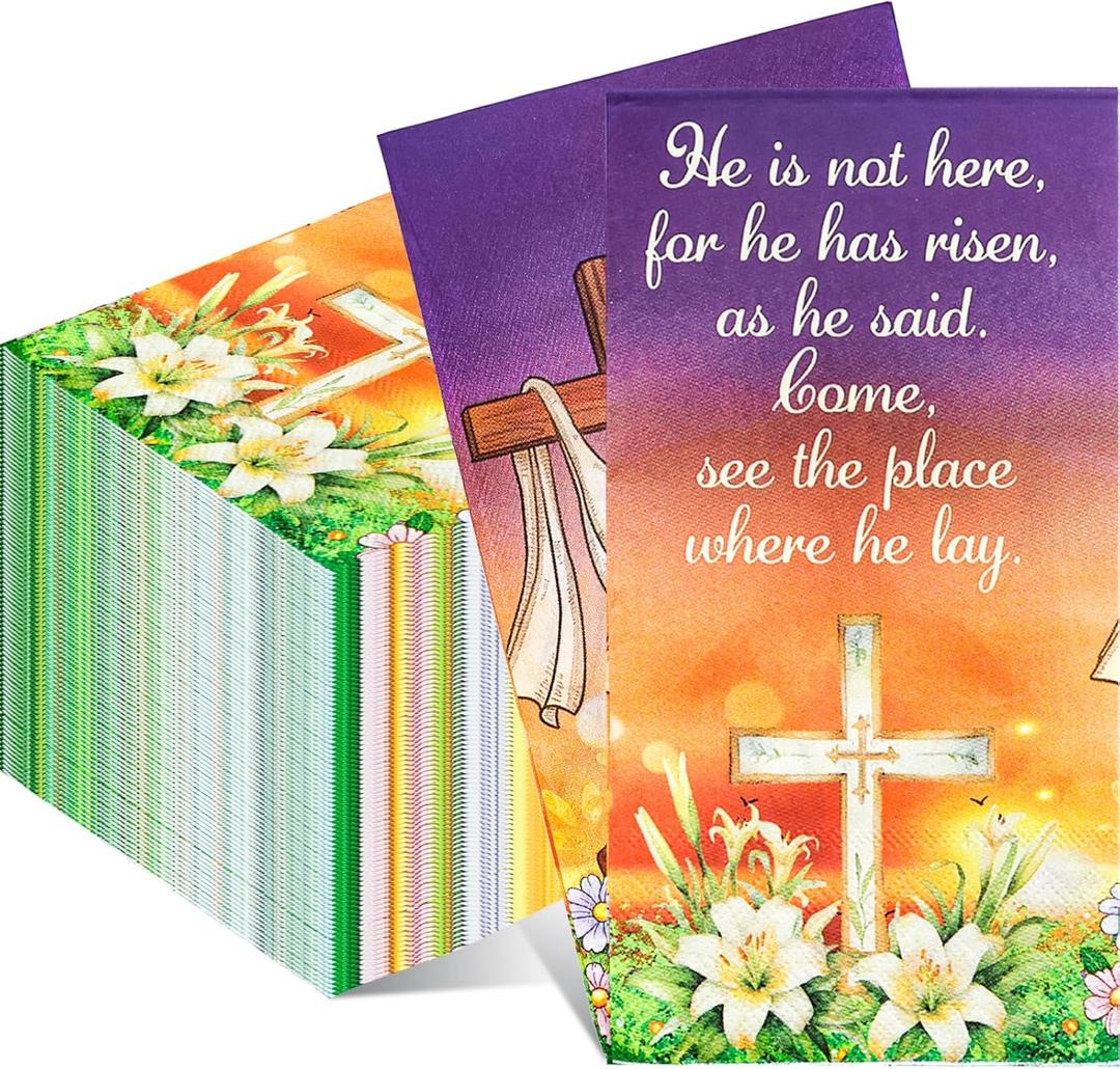 Fancy Land Religious Easter Napkins Christian He Is Risen Napkins Disposable 100Pcs Spring Flowers Cross Guest Hand Towel for Home Bathroom Dinner Party Decorations Supplies 3Ply