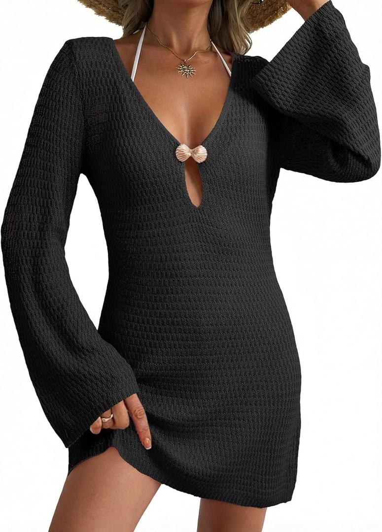 Dokotoo Beach Cover Ups for Women Sexy Deep V Neck Crochet Swimsuit Knit Hollow Out Cover Up Dress Summer Vacation (Medium, Black)