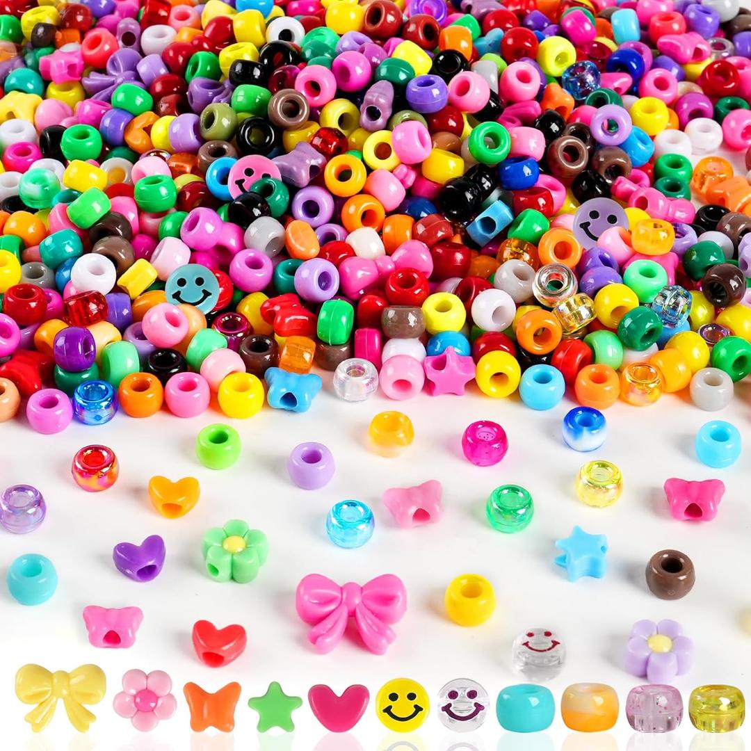 1000Pcs Pony Beads for Bracelets, Colourful Plastic Pony Beads Bulk, 69mm Friendship Shape Bead for Jewelry Making Heart Bow Tie Star for DIY Hair Braiding Keychains Necklaces Crafts Party Supplies