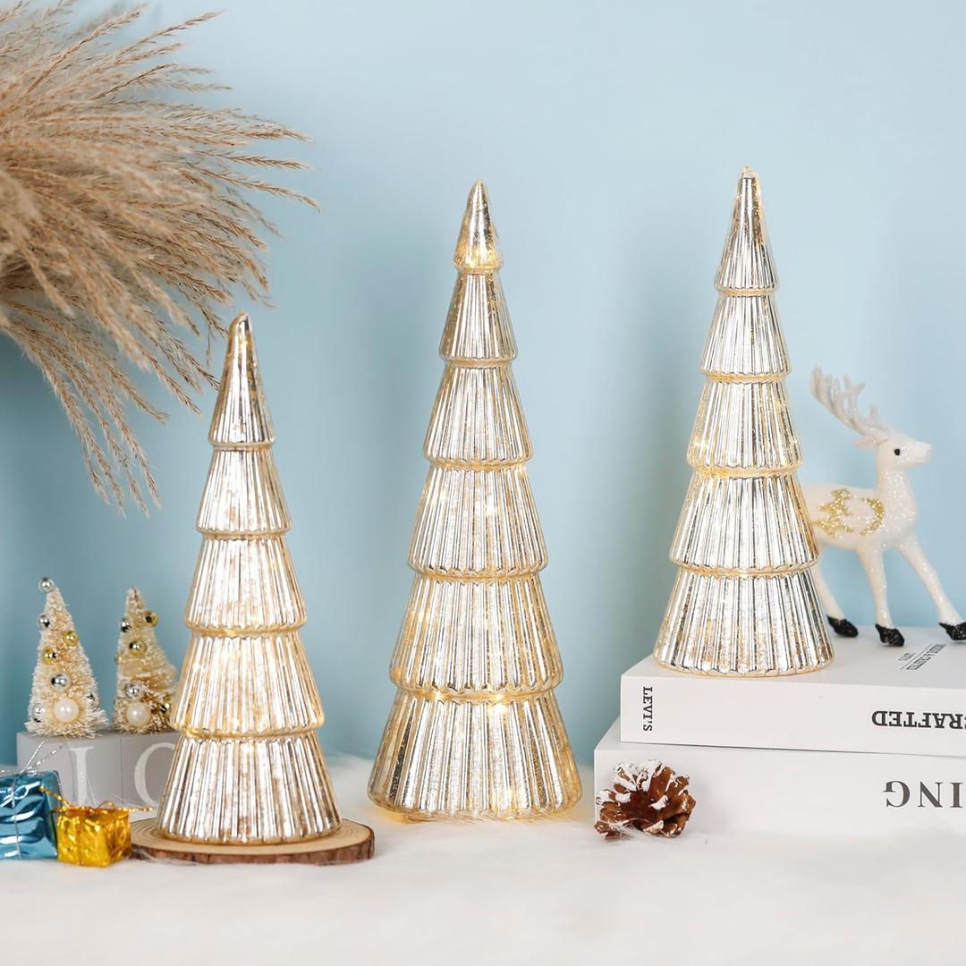 3 Pcs Mercury Glass Christmas Tree with Lights Table Top Gold Christmas Tree Holiday Home Tabletop Centerpieces Mantle Decor (Gold)