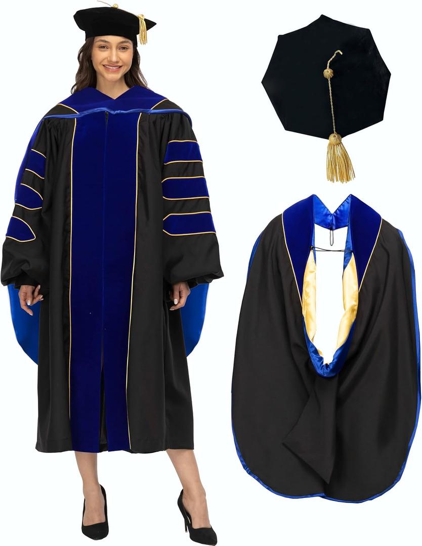 Unisex Deluxe Doctoral Graduation Gown Doctoral Hood and Tam 8 Sided Package (Size: 45"(5'0"-5'2"), Black)