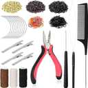 Hair Extension Tools Kit, 600 Silicone Lined Micro Rings, 1 Plier, 2 Hook Needle Pulling Loop, 10 Curved Hair Needle, 4 Metal Hair Clips, 1 Comb, 3 Sewing Threads, 200 Mini Rubber Bands