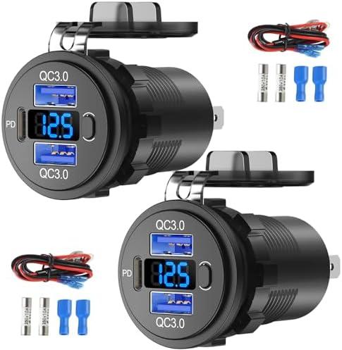 2 pack 12V USB C Outlet Marine USB Charging Port for Car, Dual Quick Charge 3.0 & PD 3.0 Car Charger Socket with Button Switch and Voltmeter, Cigarette Lighter Replacement DIY Kit for 12V/24V Vehicles
