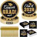 QZYL 200Pcs Graduation Party Supplies 2026, Black and Gold Graduation Plates and Napkins, Disposable Grad Dessert Plates and Plastic Forks, Graduation Party Tableware for 50 Guests
