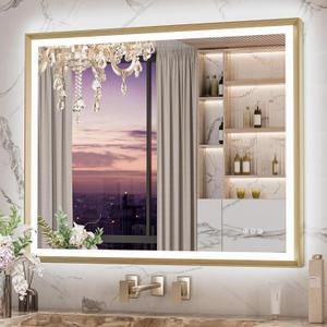 Keonjinn 40” x 32” LED Mirror for Bathroom with Frontlit & Backlit, Brushed Gold Framed Lighted Vanity Mirror with Lights, Anti-Fog, Stepless Dimmable 3 Color Lights, Tempered Glass