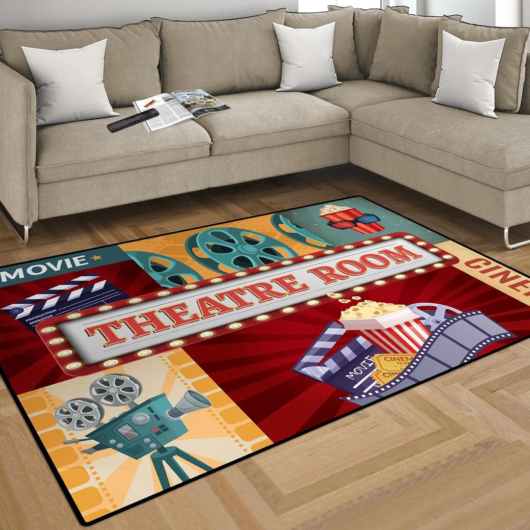 Movie Area Rugs, Movie Night Home Theater Floor Mat Upgrade Silicone Dot Non-Slip Cinema Sign Area Carpet, Large Vintage Film Rugs for Home Cinema Living Room Bedroom Decor (60" x 40", Movie 2) (3'4" x 5' (Rectangular))