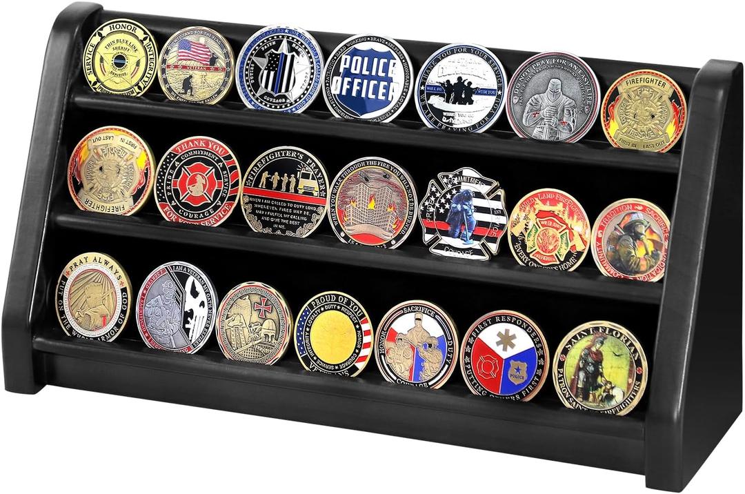 Challenge Coin Display Case, Solid Wood 3 Row Military Coin Holder Rack Stand Holds 20 Coins for Desk or Wall Mount, Coin Holders for Collectors (Black Finish)