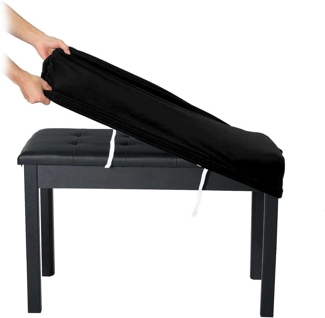 SINOSSO Soft Velvet (27.7"- 37") Lx (12"- 16") W x (3"- 4") D 2-Person Piano Bench Cover, Rectangle Stretch Washable Stool Upholstered Protector Slipcover (M, Black)