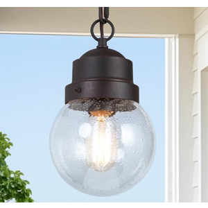 Outdoor Pendant Light Fixture, Farmhouse Exterior Globe Anti-Rust Hanging Lights with Adjustable Chain, Bronze Ceiling Outdoor Lantern Light with Seeded Glass for Front Door, Entry, Porch, and Gazebo