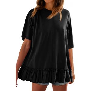 Tankaneo Womens Peplum Oversized Tshirt Summer Flowy Casual Shirt Dress Crew Neck Pleated Babydoll Beach Tunic Tops (Large, Black)