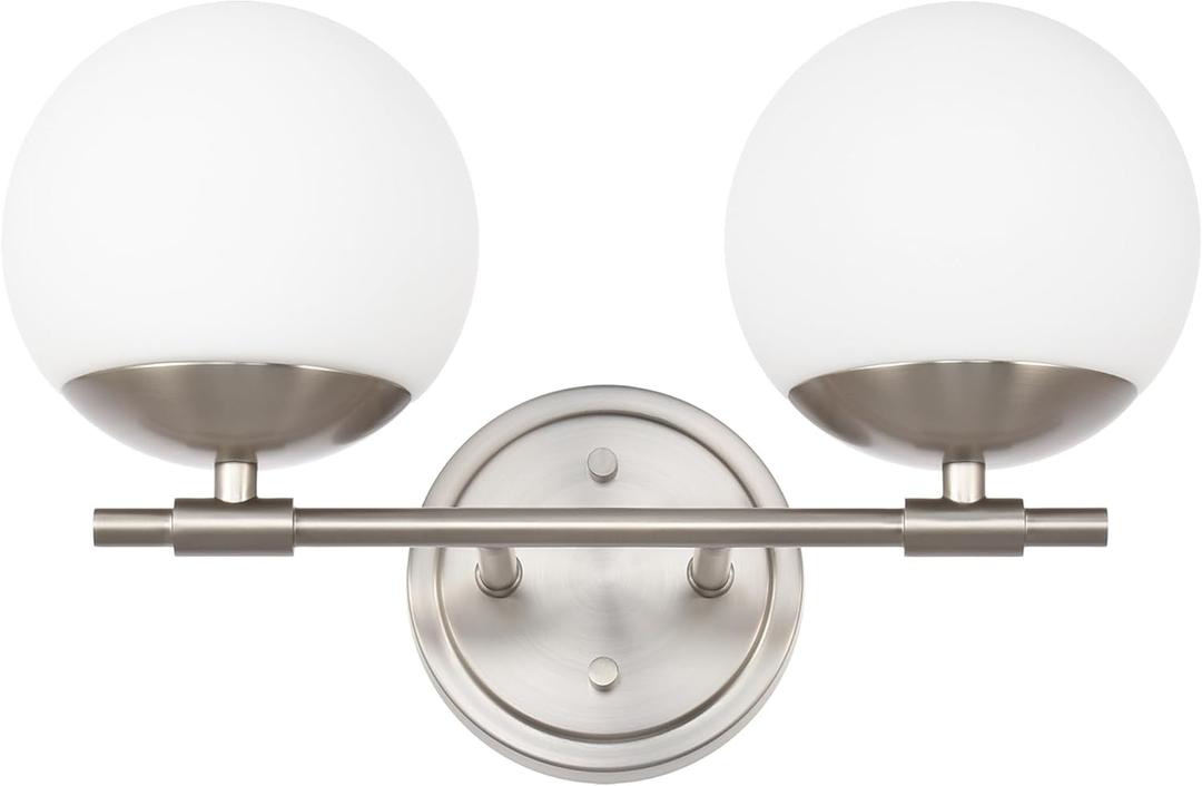 Bathroom Vanity Light, 2 Light Globe Bathroom Light Fixtures Over Mirror, Modern Vanity Lights for Living Room, Milk White Globe Glass Shades, Standard E26 Base, Brushed Nickel
