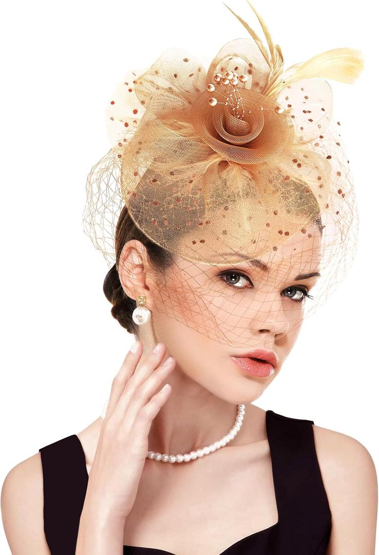 dressfan Fascinator Hat Womens Vintage Wedding Veil Hat 20s Hair Accessories for Derby/Wedding/Cocktail/Tea Party (Beige)