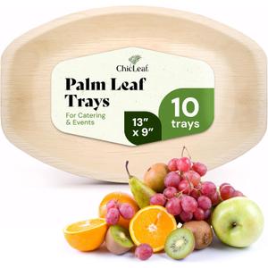 Chic Leaf All Natural Compostable & Disposable Rectangular 13" x 9" Palm Leaf Platters Serving Tray for Winter Events, Charcuterie Board, Elegant Gourmet Catering & Weddings (10 pc)