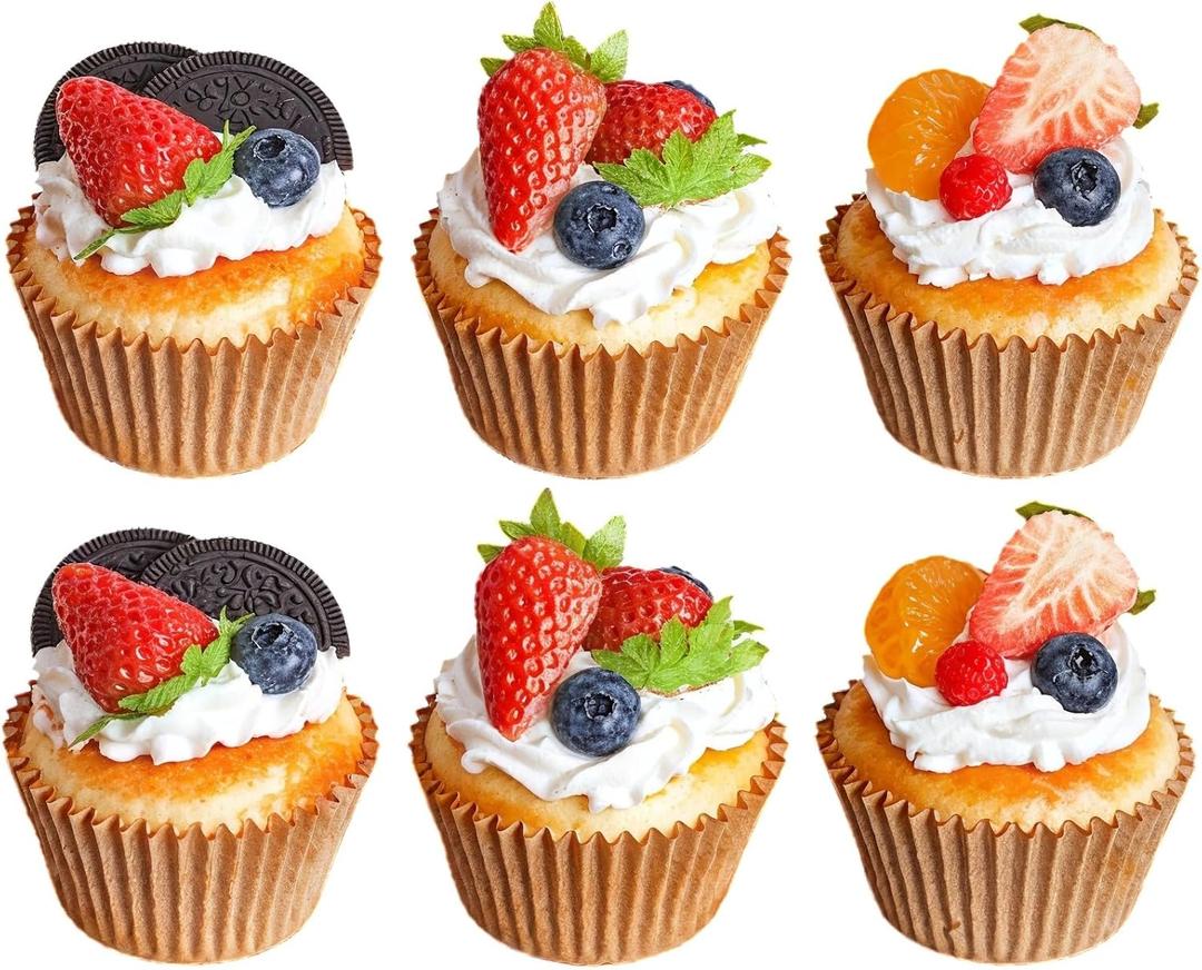 Artificial Cupcake Display Model, Realistic PU Faux Cupcakes, Includes 6 Pieces with Fruit and Cream Decoration, Brown Wrinkled Cupcake Liners, Ideal for Photography, Art, and Home Decoration