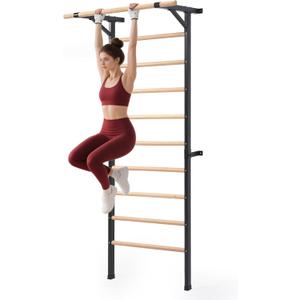 Solid Beechwood Stall Bar, 90" Swedish Ladder Wall Gym with Pull-up Bar & Dip Station, 220lbs Capacity Wall Mounted Gymnastics Ladder for Home Gym Training, Stretching & Bodyweight Exercise