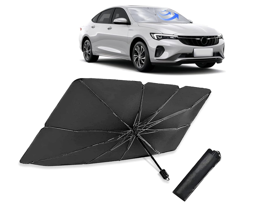 2025 Upgraded Car Windshield Sun Shade Umbrella, Foldable Car Umbrella Sunshade with UV Block Car Front Window, Ten Strand Convex Umbrella Frame Retractable Sunscreen for Most Cars/SUV (Black)