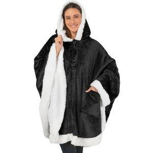 PAVILIA Sherpa Fleece Wearable Blanket for Adult Women, Cozy Plush Blanket Poncho Cape with Hood, Super Soft Shawl, Angel Wrap Throw for Office, Black