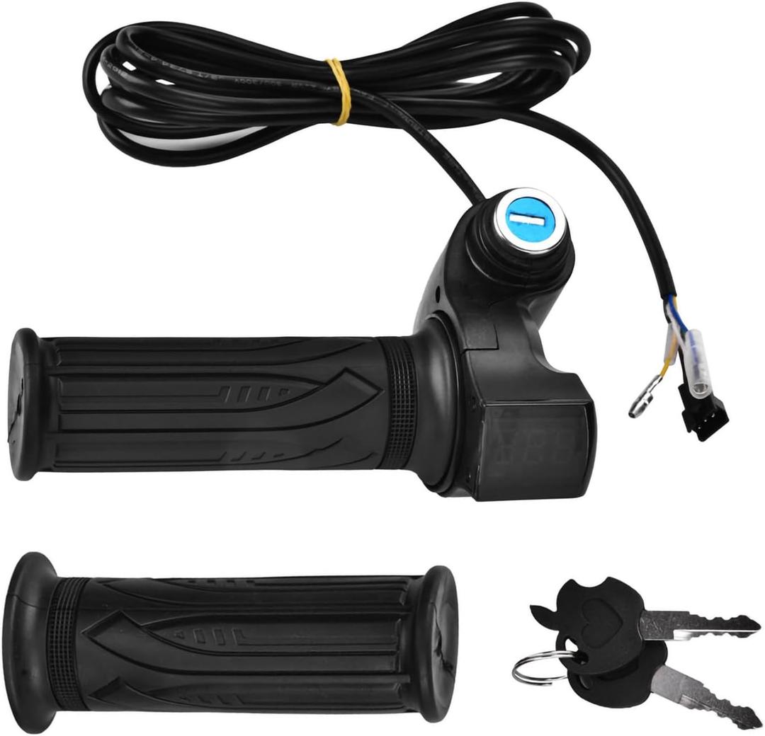 1Pair E-Bike Throttle Grip, 12v-84v Universal Electric Bicycle Scooter Handlebar Grip Twist Throttle with LCD Battery Voltage Display Key Knock for Motorbike Motorcycle E-Bike