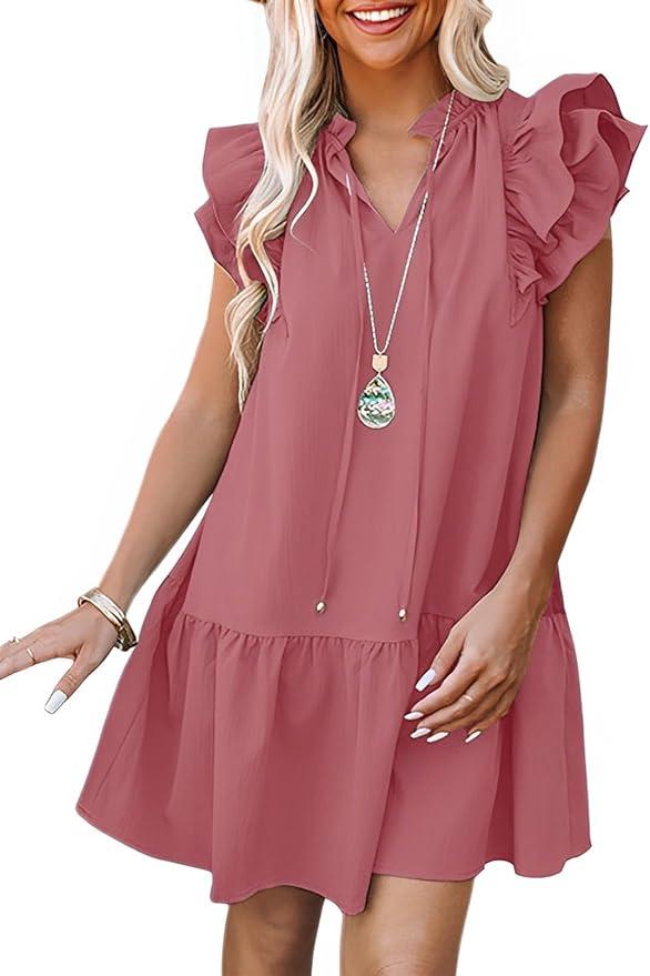 Dokotoo Womens Summer Dresses 2025 V-Neck Drawstring Ruffle Cap Short Sleeve Side Pockets Mini Dress Sundress
, L
