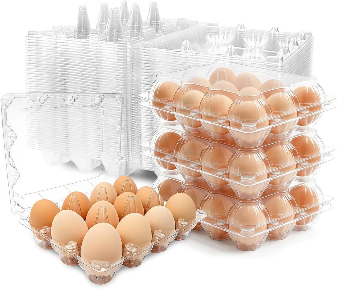 100 Pack 3x4 Plastic Egg Cartons Bulk 12 Count Clear, Reusable Stackable Dozen Chicken Eggs Containers Holders for Storage, Family, Farm Markets and Commercial Display