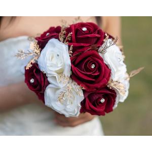 White Burgundy Rose Wedding Bouquets for Bride Bridesmaid Artificial Flowers Bridal Wedding Tossing Bouquets for Wedding Church Bridal Shower Ceremony Anniversary (White + Wine Red Rose)