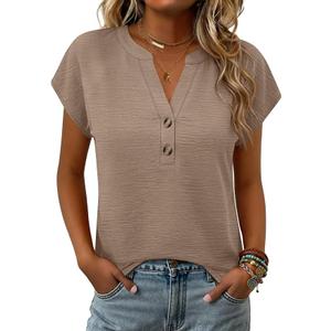 ANRABESS Women's Tops Puff Short Sleeve Henley Shirt Dressy Casual Blouses Summer Sweater 2026 Spring Business Cute Tunics Khaki, Small