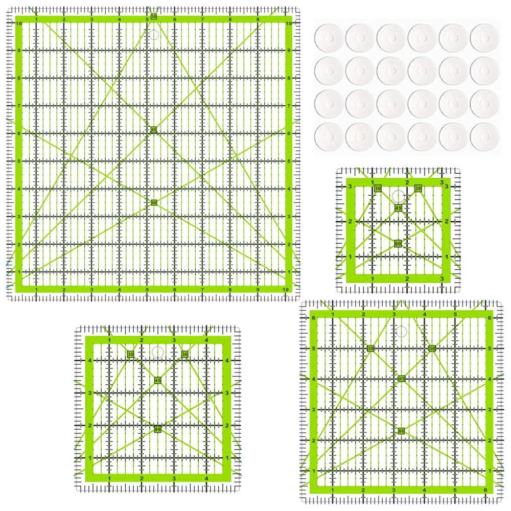 Quilting Rulers,4 Quilting Square Templates(3.5"X3.5", 5"X5", 6.5"X6.5", 10.5"X10.5"), Acrylic Fabric Cutting Ruler with Non-Slip Rings for Sewing (Light Green)