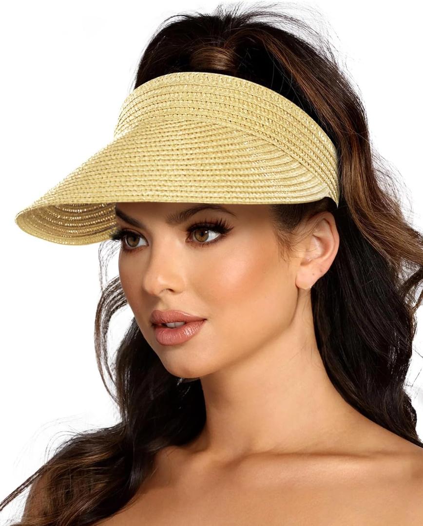EW EastWater Beach Sun Visor Hats for Women, Wide Brim UPF50+ Sun Protection Straw Hat Packable Foldable for Summer