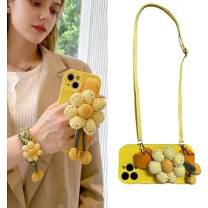 Case for iPhone 17 Pro with Cute 3D Pumpkin Flower Wrist Strap,Crossbody Phone Cover Adjustable Lanyard for Girls Women Shockproof Drop Protection Silicone Shell 6.3''-Yellow