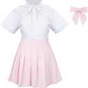 Girls' School Uniform Skirt Set，Girls Bow Tie Shirt Top with Pleated Mini Skirt Suit Cosplay Costume Cute Student Outfit Set Size 140