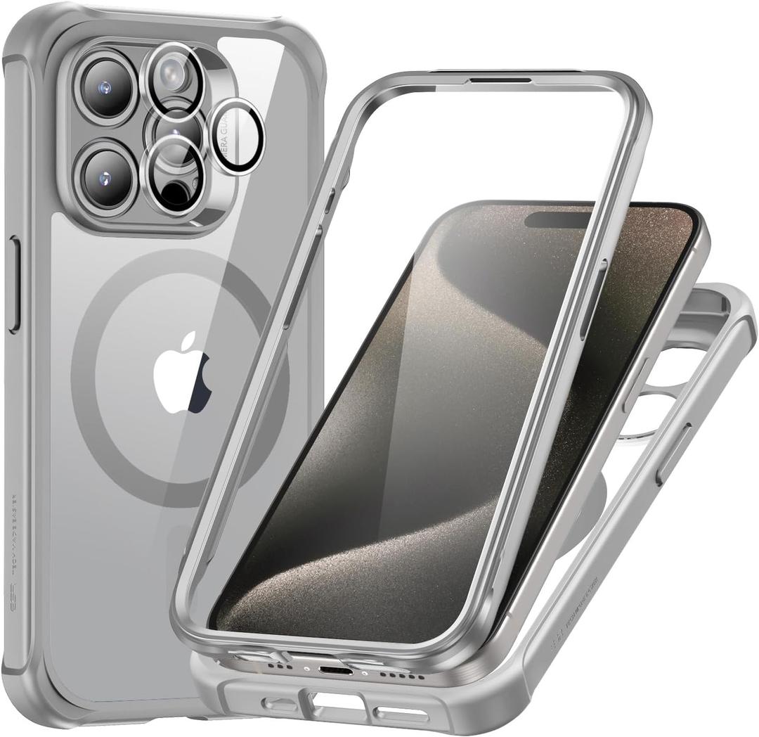 ESR for iPhone 15 Pro Max Case, Compatible with MagSafe, Full-Body Military-Grade Drop Proof Case for iPhone 15 Pro Max with Built-in 9H+ Tempered Glass Screen Protector, Clear Grey