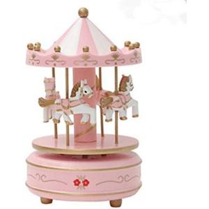 Vintage Pink Wooden Merry-Go-Round Horse Christmas Birthday Gift Carousel Music Box, Clockwork Mechanism Laxury Carousel Music Box