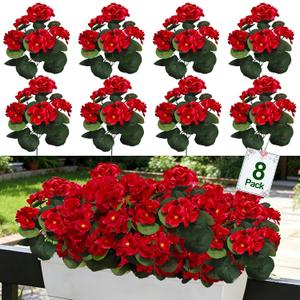 8 Bundles Artificial Geraniums Flowers for Outdoors Summer Mother's Day Derby Day Decor, Fake Cemetery Flowers Silk Red Flower UV Resistant No Fade Faux Plant for Porch Garden Home Planter Patio Decor