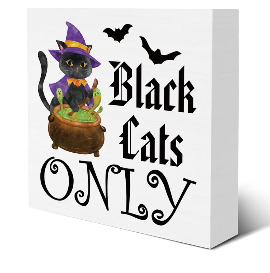 Halloween Decor Black Cats Only Wooden Sign Farmhouse Witches Home Decorations 5"x5, Pack of 2
