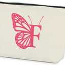 Initial Makeup Bags for Women Lined Monogram Cosmetic Bag Birthday Gifts for Women Girls Bridesmaid Best Friends Sisters, Travel Toiletry Bag, Pink Butterfly Letter F