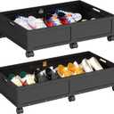 WISUCART Wood Under Bed Storage Containers Underbed Organizer with Wheels Sturdy Wood Rolling Under Bed Shoe Storage Organizer 2 Packs (Black, Large)