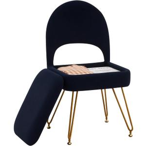 WROCFURSTAR Vanity Stool Chair with Folding Back, Storage Ottomans Faux Fur Vanity Chair, Multifunctional Upholstered Footstool with 4 Metal Legs with Anti-Slip Feet for Bedroom Living Room Entryway