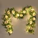 Dolicer 2Pcs 13Ft Artificial Eucalyptus Garlands with Flowers, Faux Floral Greenery Garlands with 13Ft String Lights Fake Flowers Vines for Wedding Centerpieces Arch Party Decor (White)