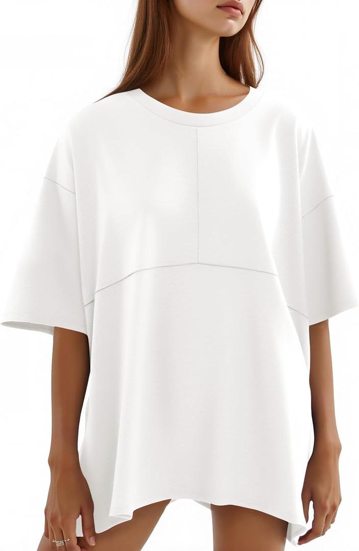 Tankaneo Womens Oversized Crewneck Shirts Short Sleeve Off The Shoulders Tops Curved Hem Tshirt (L)
