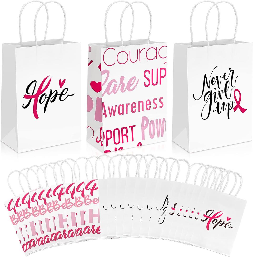 24 Pack Breast Cancer Awareness Bags Pink Ribbon Paper Bag Breast Cancer Gift Bag with Handle Faith Courage Hope Treat Bags for Breast Cancer Awareness Charity Theme Party Favor Supplies