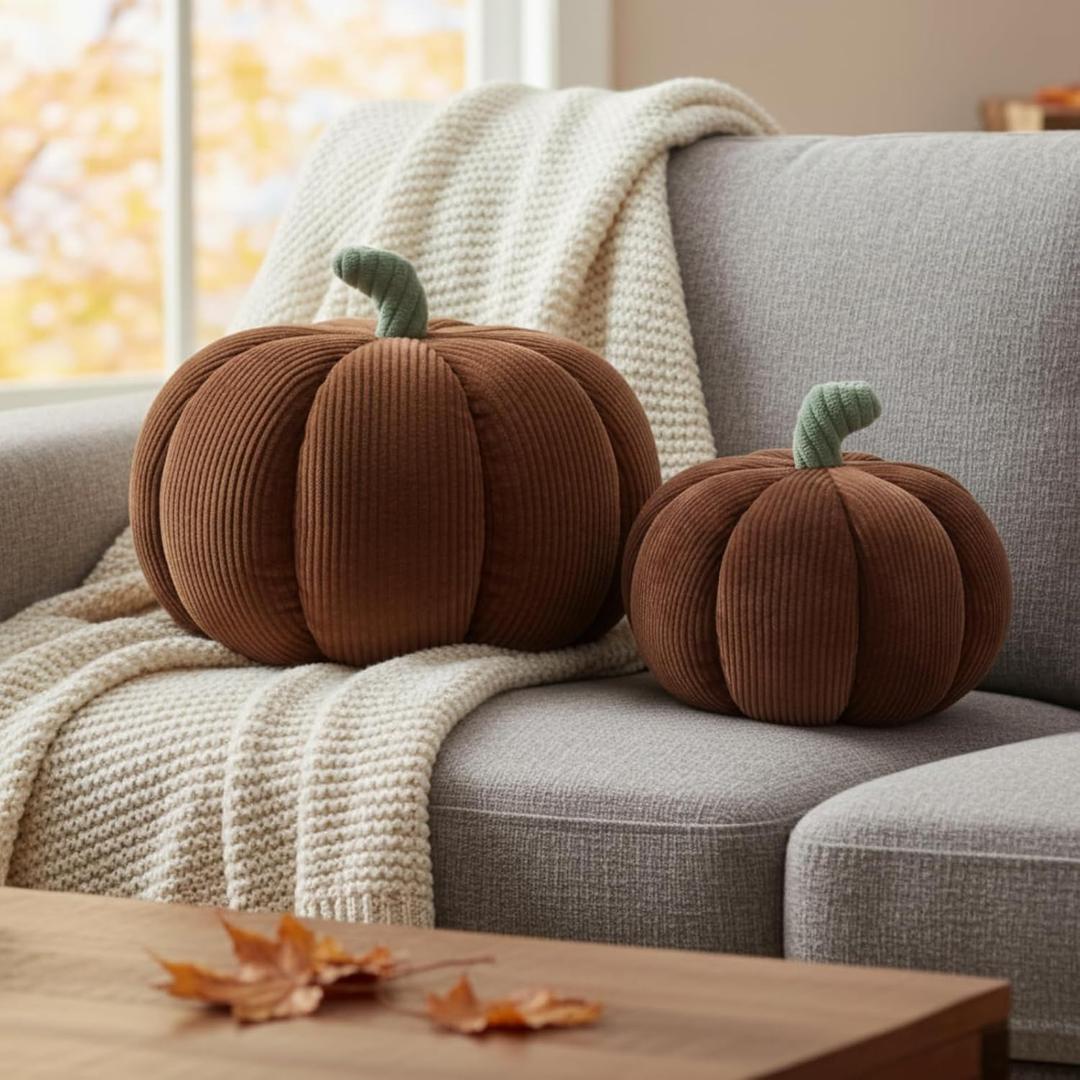 Yookeer 2 Pcs Fall Pumpkin Pillows, Corduroy 3D Simulated Pumpkin Throw 7'' and 11'' Soft Autumn Decorative Sofa Cushion for Thanksgiving Halloween Christmas Bedroom Home Decor(Brown)