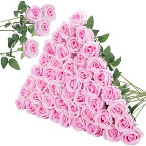 InnoGear 50 Pcs Pink Roses Artificial Flowers, Fake Velvet Silk Rose Bulk Faux Flower for Decoration DIY Wedding Centerpieces Proposal Bridal Bouquets Shower Party Home Floral Decor (50, Pink) 
