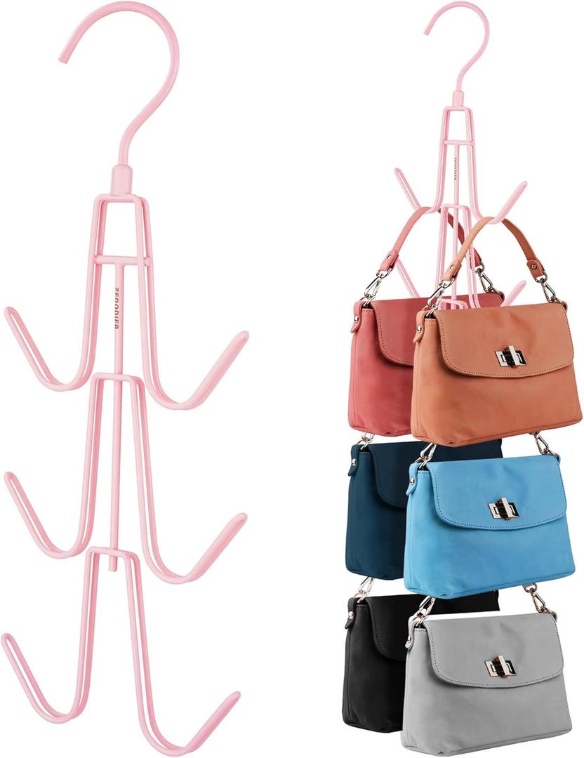 ZEDODIER 2 Pack Purse Organizer for Closet, Heavy-Duty Hanging Purse Hanger Closet Holds Up to 12 Purses, Metal Rotating Space Saving Bag Holder Handbag Storage Hook Backpack Rack, Pink