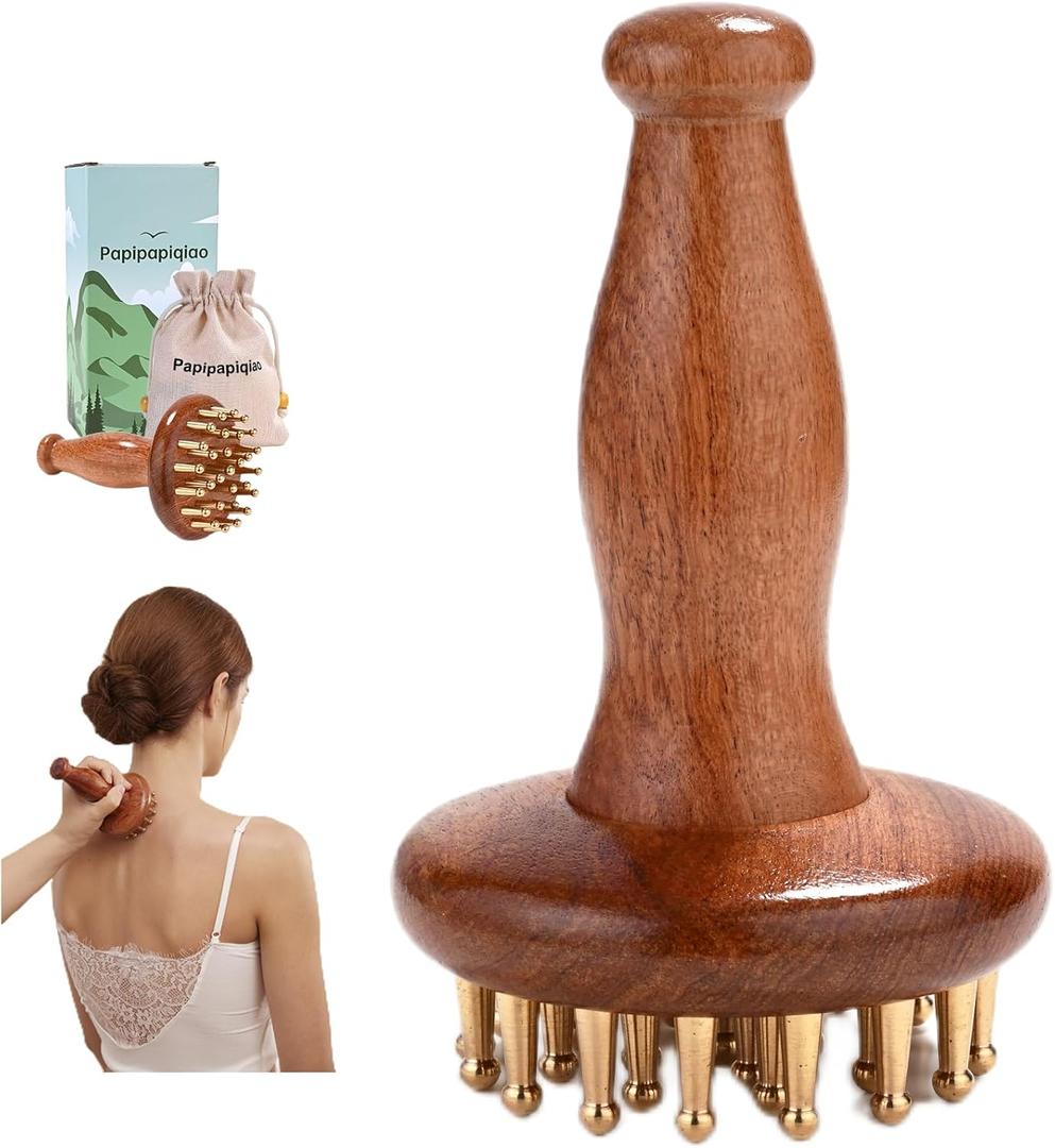 29teeth Copper Head Massage Comb for Body and Scalp Meridian Point Massager Brush for Body and Scalp Relief Body Massage Brush for Cellulite Remover Chinese SPA Gua Sha Tool Wooden Handle ,  (Rosewood Brown)