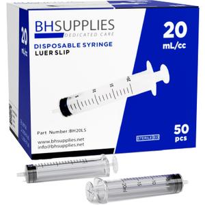 BH Supplies 20ml Luer Slip Tip Syringes (No Needle) - Sterile, Individually Wrapped - 50 Syringes