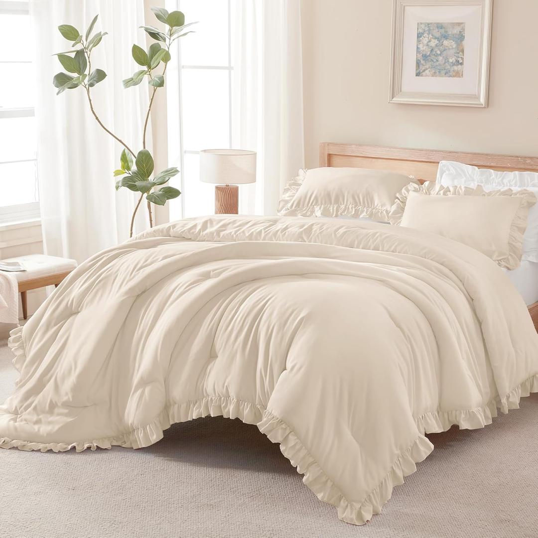 Andency Beige Comforter Set Full Size, 3 Pieces Solid Ruffle Vintage Rustic Soft Bedding Comforter Sets, All Season Lightweight Fluffy Soft Polyester Bedding Set (79x90 Comforter & 2 Pillowcases)