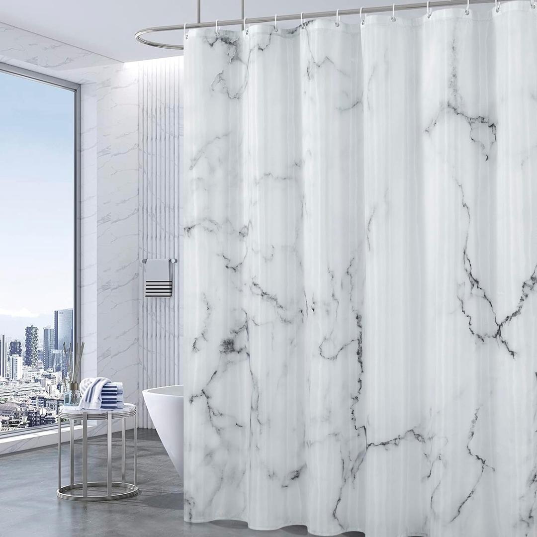 Grey White Marble Shower Curtain Set with 12 Hooks, Abstract Modern Luxury Gray White Marble Shower Curtains for Bathroom, Waterproof Fabric, 72" W X 72" L